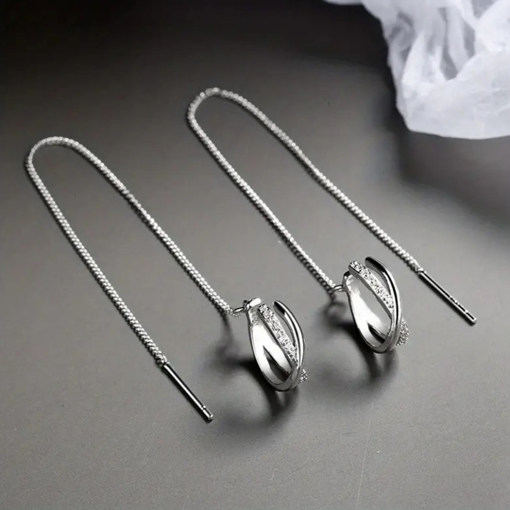 1 Pair SILVER THREADER EARRINGS WITH ATTACHED CZ PAVE CUFFS 925 - Picture 4 of 9
